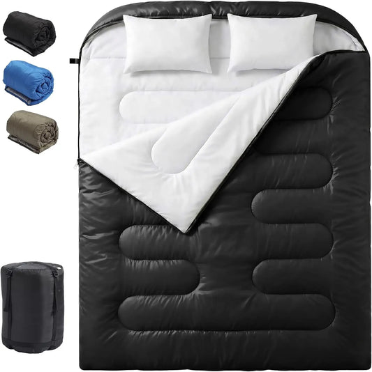 Queen Size 2 Person Lightweight 3 Season Double Sleeping Bag Built-In Pillow Full Zipper Design Warm Cold Weather For Camping Hiking Backpacking