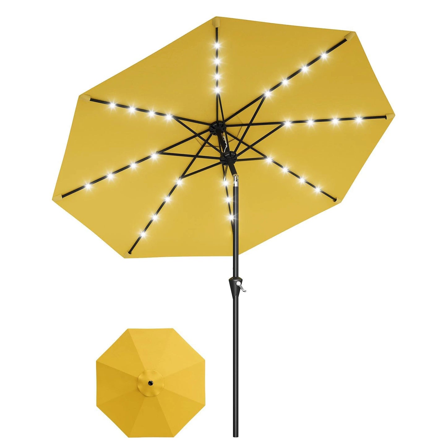 9ft/10ft Solar Patio Umbrella with 32 LED Lights, UPF 50+ UV Protection, Waterproof Fade-Resistant Vented Canopy, Crank Lift & Push-Button Tilt, 8-Rib Market Table Umbrella