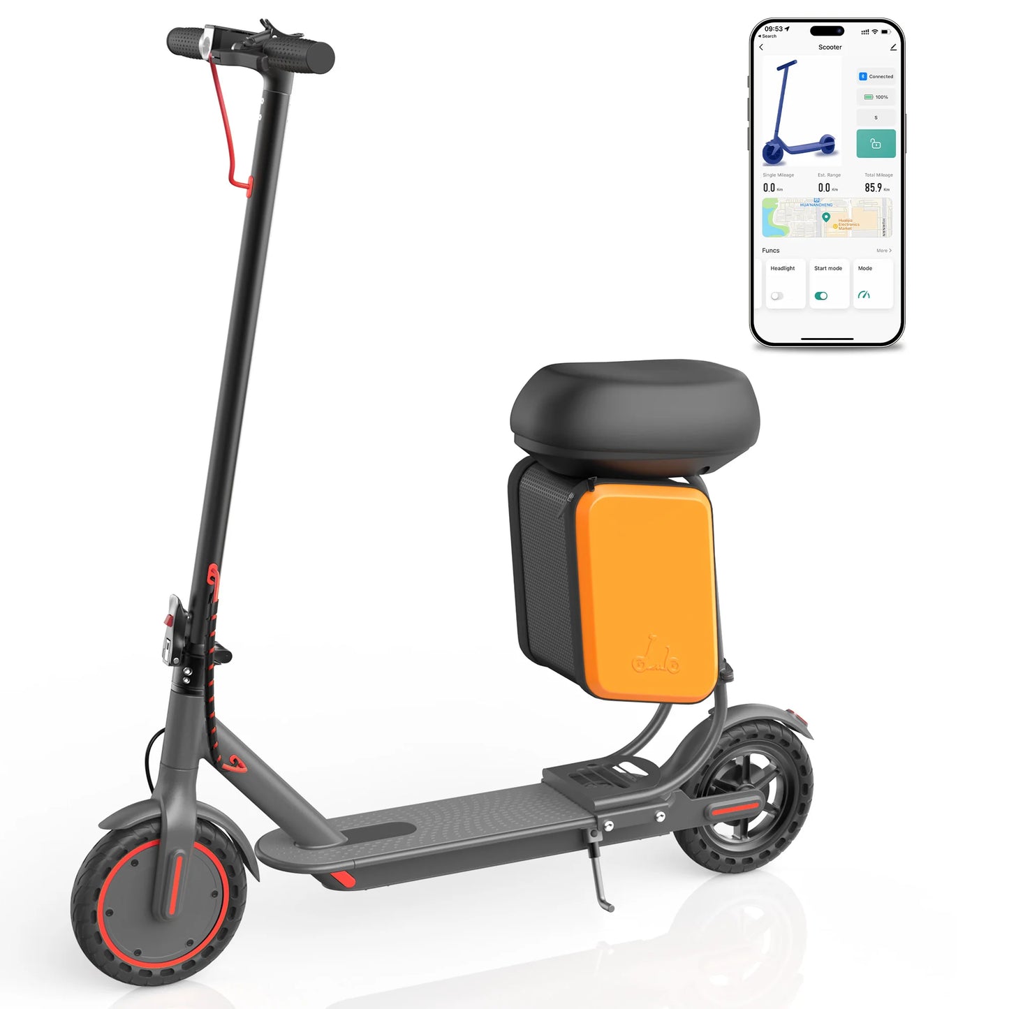 8.5'' Solid Tire Electric Scooter 350W Motor 36V 5.2Ah Battery 19mph Max Speed Up to 16miles Max Range with Removable Seat & Box