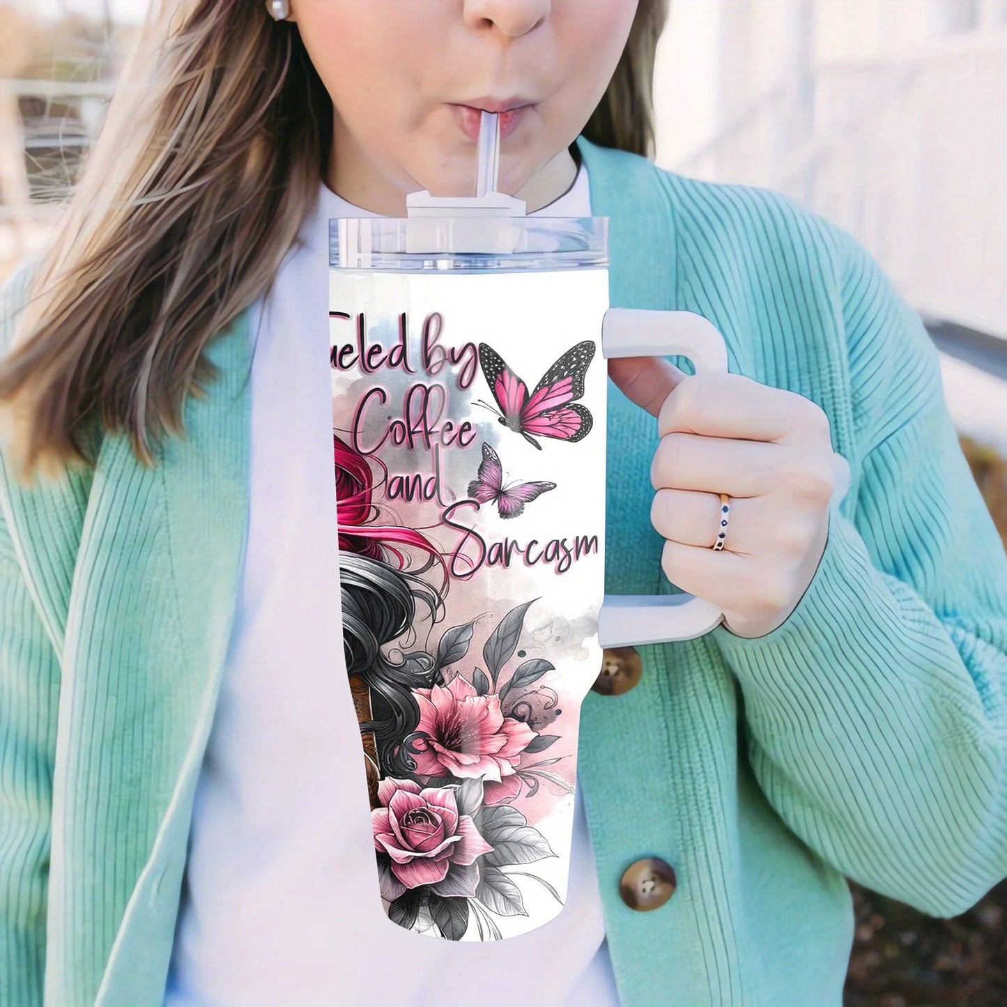 1pc 40oz Stainless Steel Tumbler with Straw and Handle, Creative Fashion Insulated Cup, Perfect Gift for Mom, Lover, Couple, Sister, Friends, Vacuum Cup for Home, Travel, Outdoor, Suitable for Summer and Winter, 304 Stainless