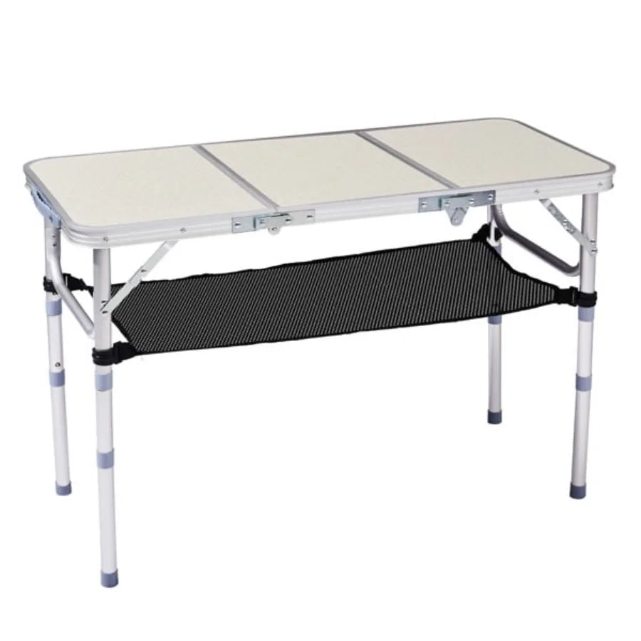Folding Camping Table 3 Adjustable Heights Aluminum Tabletop Mesh Shelf 110lb Capacity for Camping Picnics Beach Patio