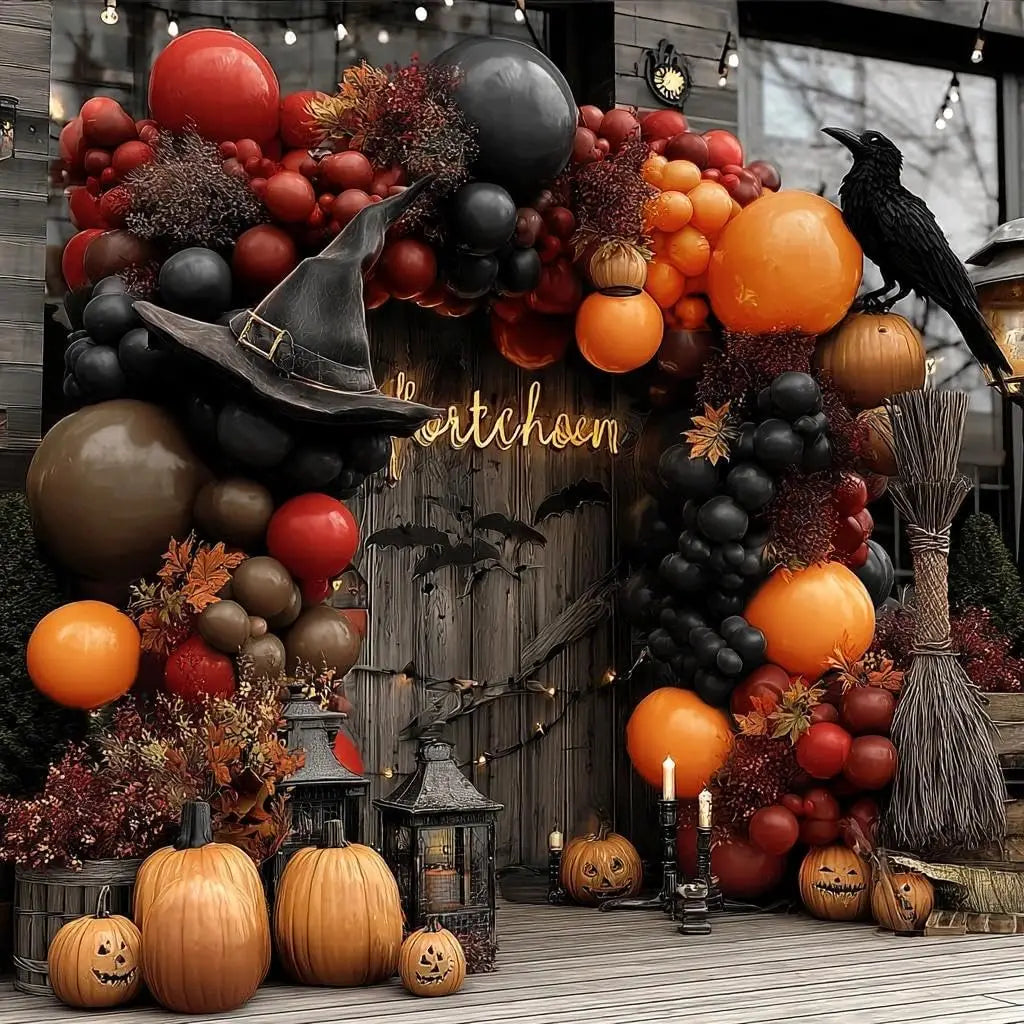 Halloween Balloon Garland, Double Stuffed Black Orange Red Dark Burgundy Brown Balloon Arch Kit for Halloween Decor Spooky Trick or Treat Fall Party Decorations