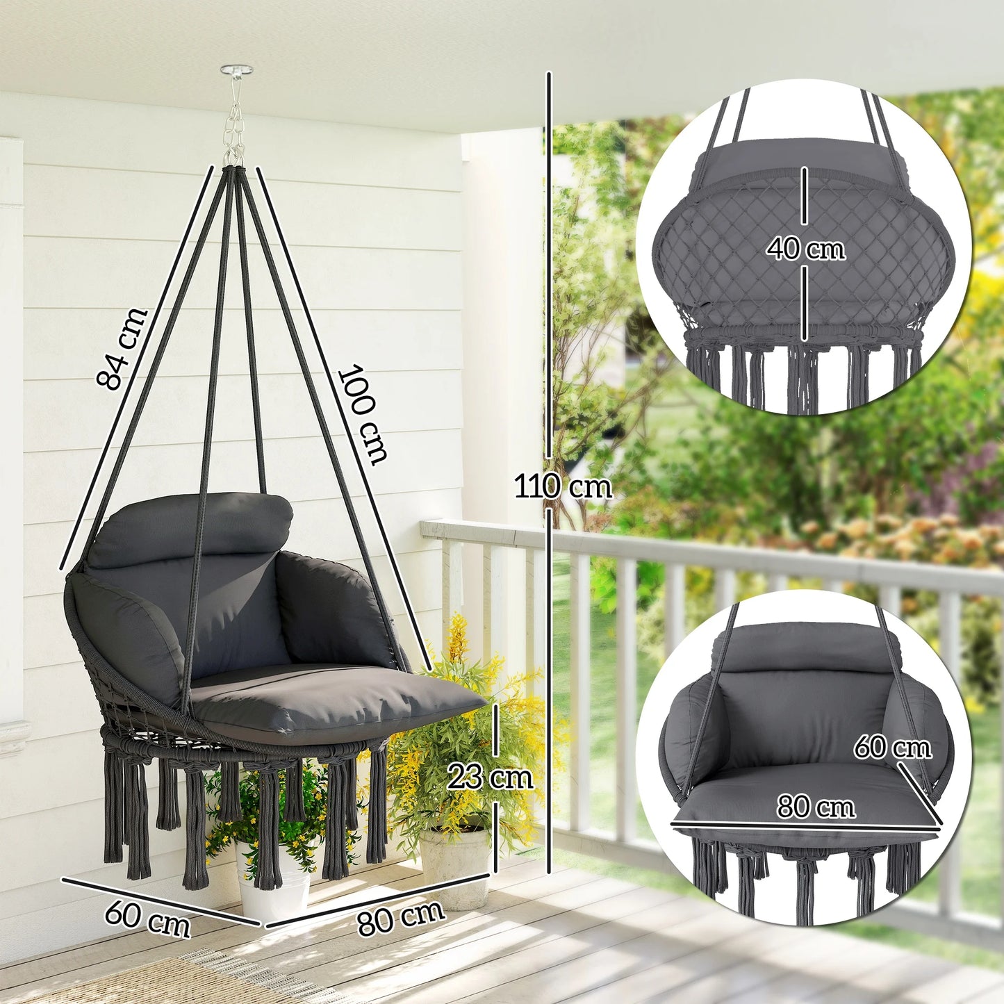 Hanging Hammock Chair with Cushion, Macrame Swing Chair, Dark Gray