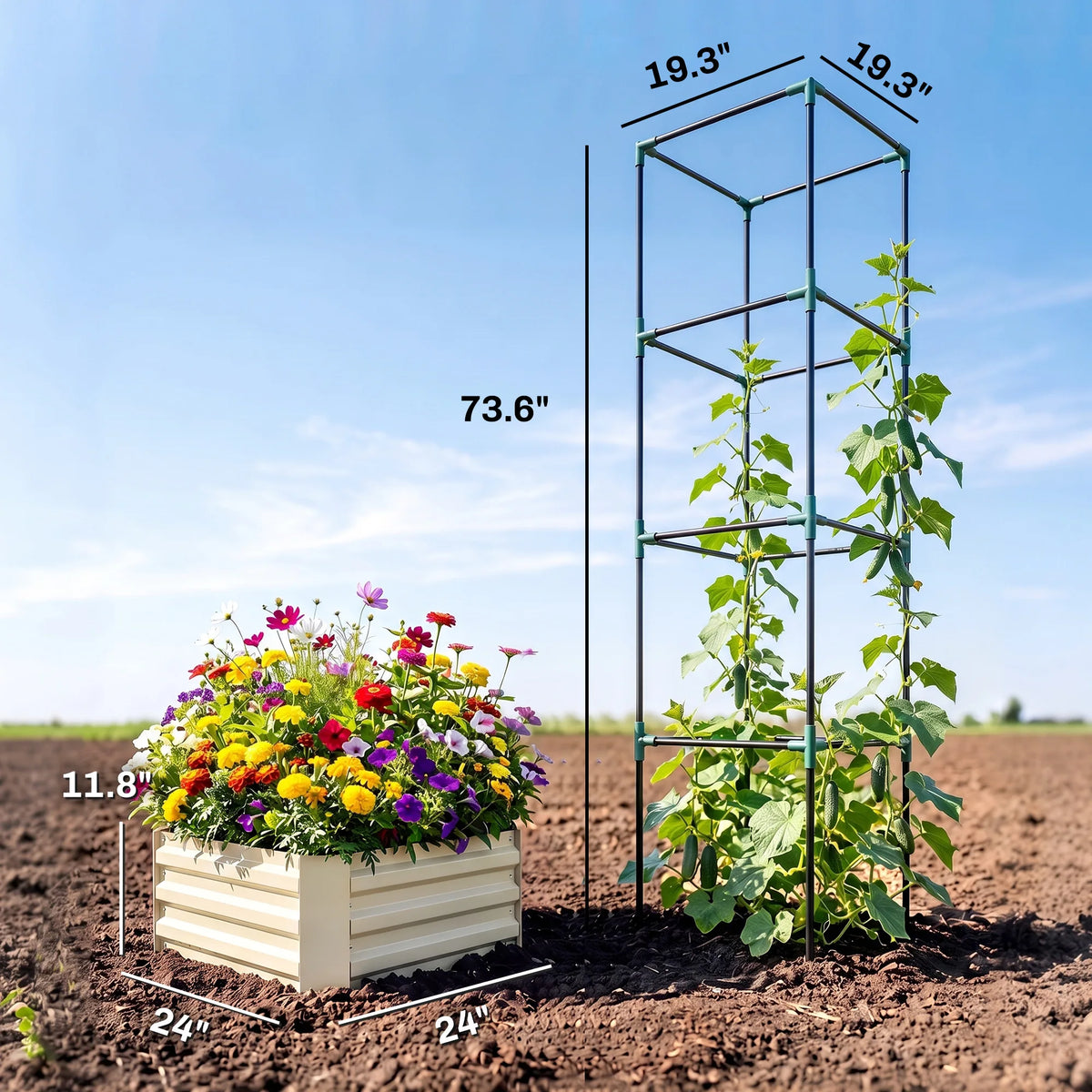 Galvanized Raised Garden Bed with Tomato Cage, Open Bottom, Cream