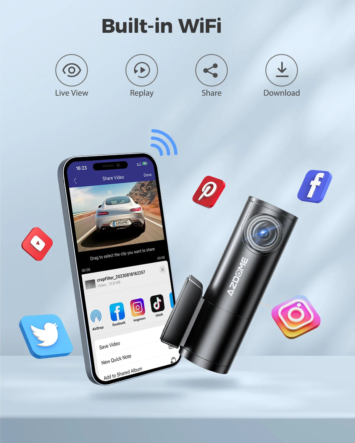 AZDOME Dash Cam 1296P WiFi Night Vision With Voice Control