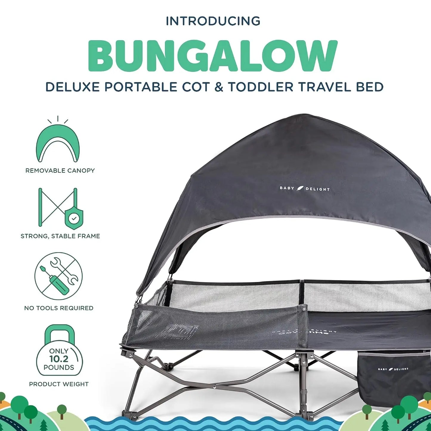 Portable Travel Cot for Toddlers with Sun Canopy, Indoor Outdoor Baby Bed, Folding Camping Crib, Grey