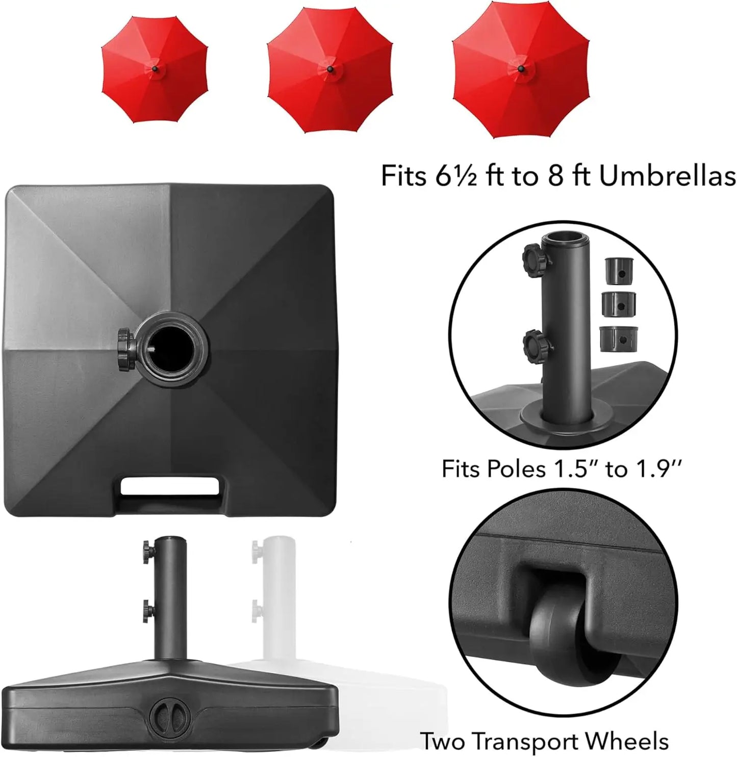 100 lbs Fillable Patio Umbrella Base with Wheels – Heavy Duty Weighted Stand for 10 FT Umbrellas, Black