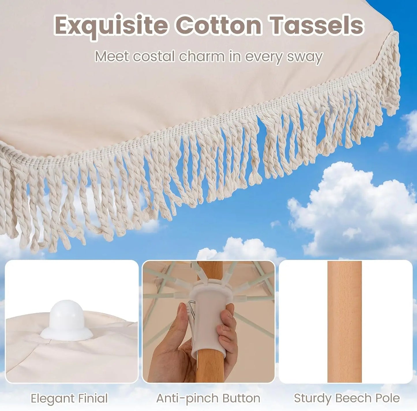 6 FT Patio Umbrella With Fringe, Tassel Outdoor Table Umbrella, Push Button Tilt System, Sturdy Wood Pole, UV Protection Canopy, Boho Backyard Garden Beach Pool Sunshade, Off White