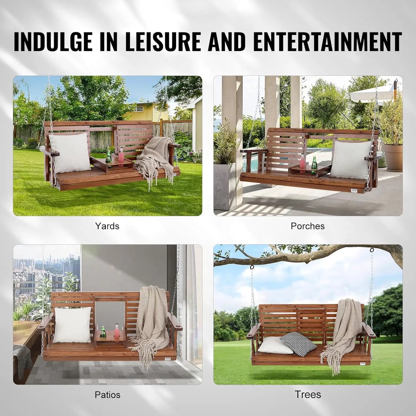 Outdoor Patio Bench Swing in Brown, Wooden, 5 ft, Upgraded 880 lbs Strong Load Capacity with Hanging Chains