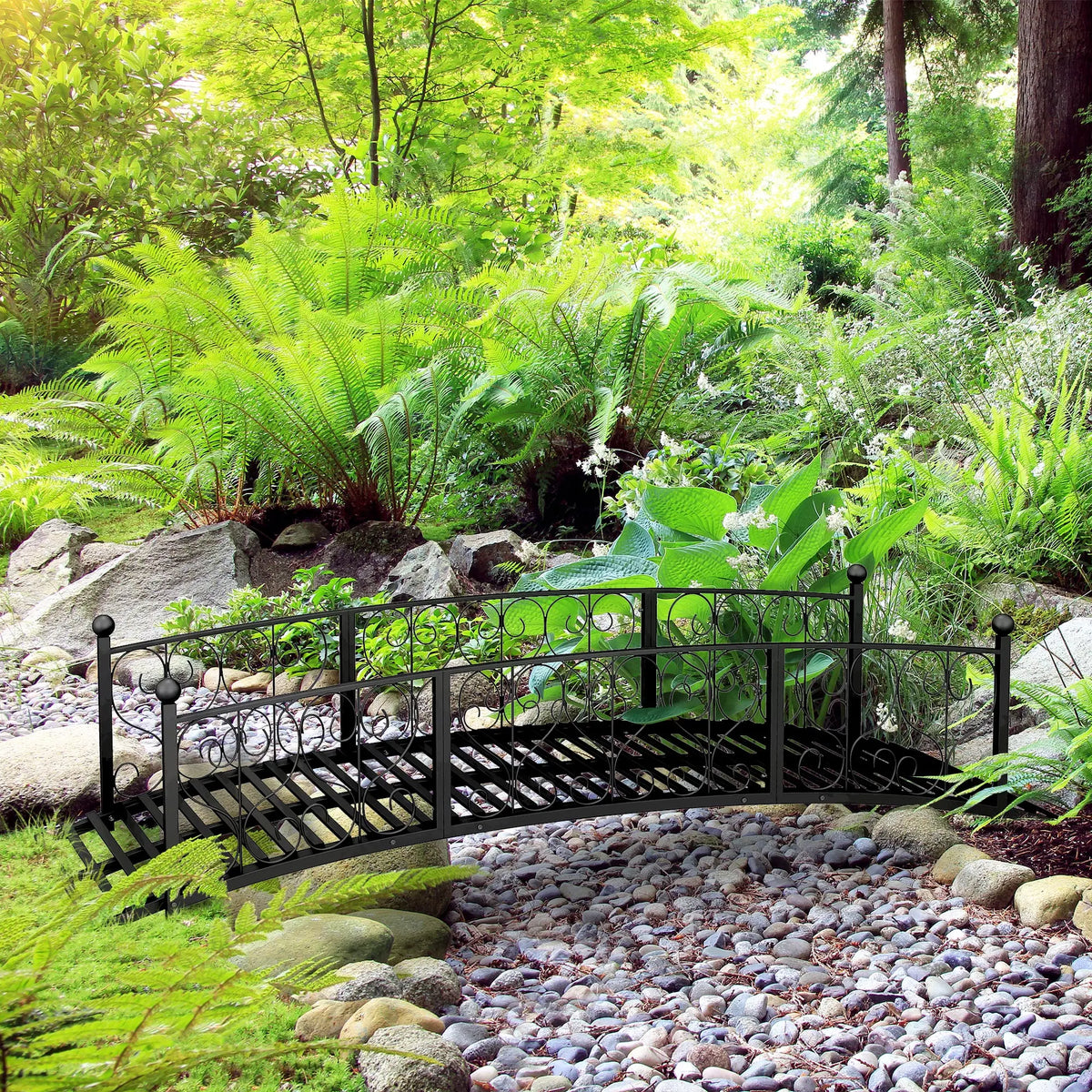 7' Metal Arch Garden Bridge with Siderails, Arc Footbridge, Black