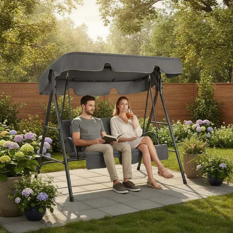 Outdoor Patio Swing Chair, Iron Frame with Oxford Cloth, Sunshade Canopy and Soft Cushions, 250Kg Weight Capacity, Rust-Resistant Stable Structure for Garden Balcony Porch, Dark Gray