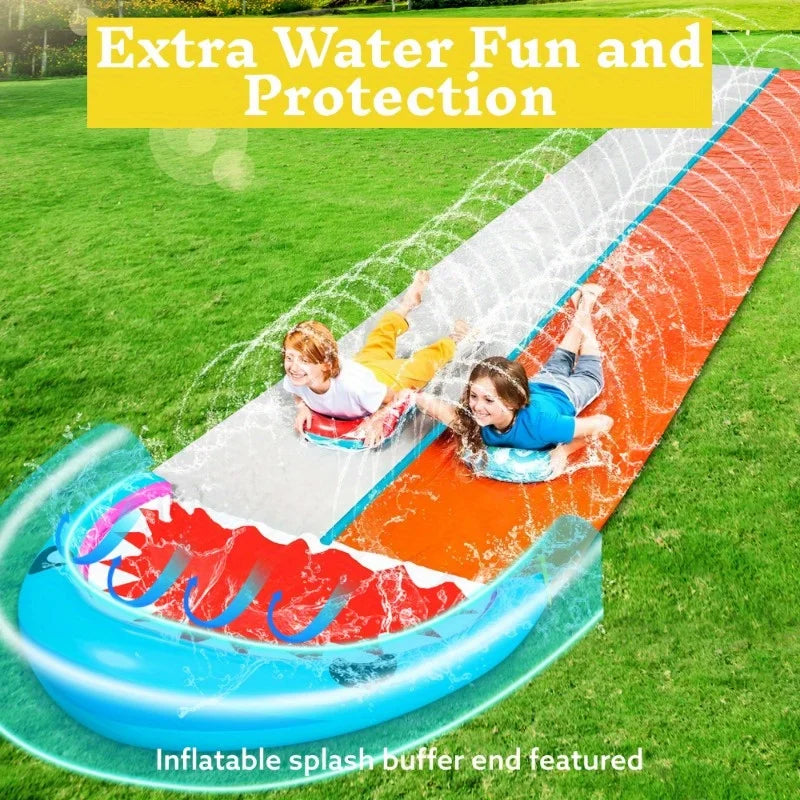 Joyfy Summer Water Slides with 2 Inflatable Boards 22.5ft Double Lane Splash Slip Lawn Water Slide Toy for Kids Adults Party