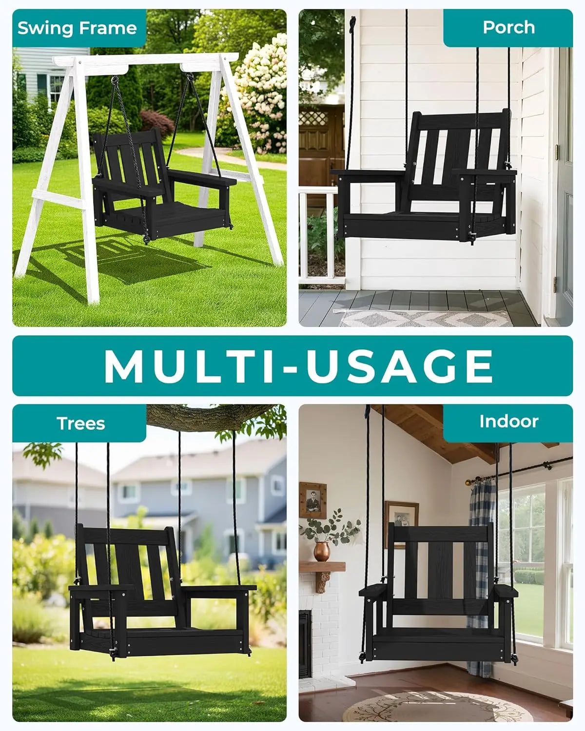 Black HDPE Single Porch Swing with Polypropylene Ropes for Outdoor Front Porch, Patio, Garden - Heavy Duty
