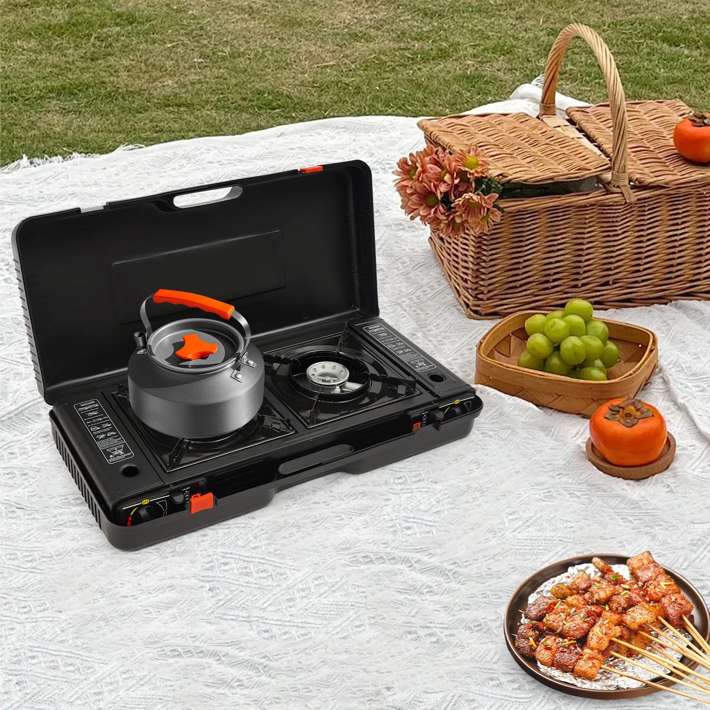Portable Two Burner Camping Gas Stove With Baking Tray