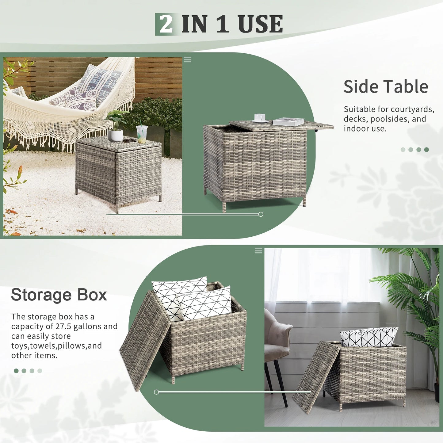 27 Gallon Outdoor PE Wicker Storage Side Table, 53×53×50cm All Weather Handwoven Rattan End Table with Sturdy Iron Frame, Dual Function Side Desk & Storage Bin for Patio Garden Backyard Store Tools Toys, Brown Gradient