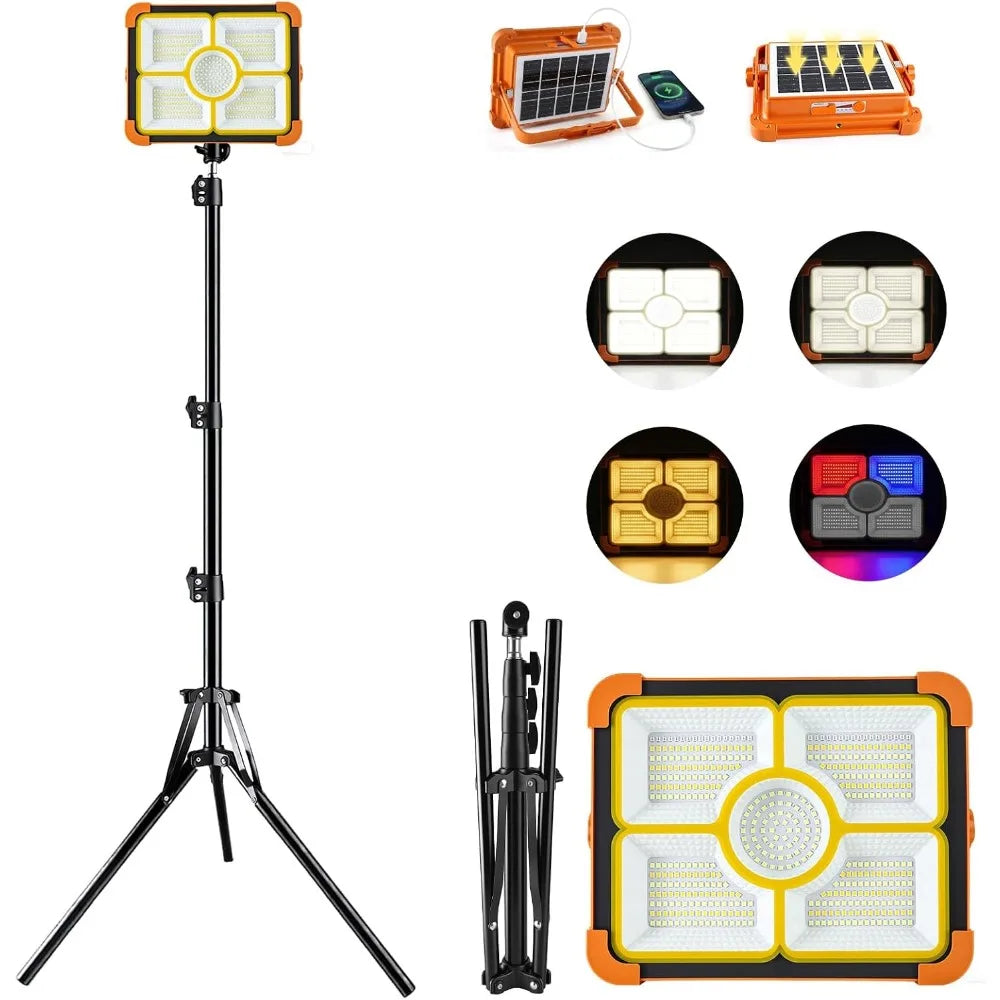 Portable Rechargeable Camping Light with Tripod, 12000mAh Solar LED Work Light, 5 Lighting Modes, Waterproof, for Camping, Car Repair & Emergency Use