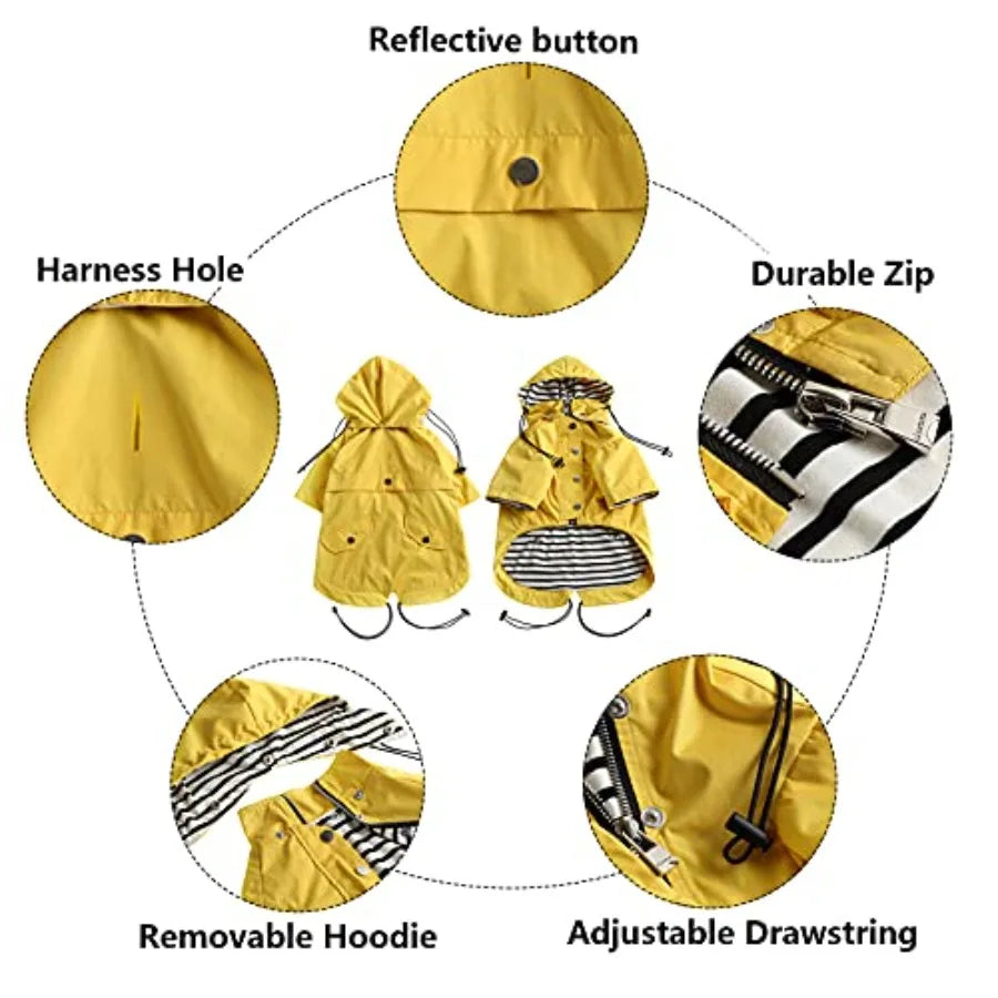 Dog Zip Up Raincoat with Reflective Buttons, Rain/Water Resistant, Adjustable Drawstring, Removable Hood, Raincoats with Legs 8