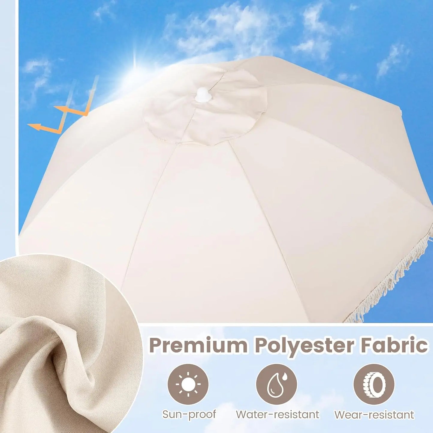 6 FT Patio Umbrella With Fringe, Tassel Outdoor Table Umbrella, Push Button Tilt System, Sturdy Wood Pole, UV Protection Canopy, Boho Backyard Garden Beach Pool Sunshade, Off White