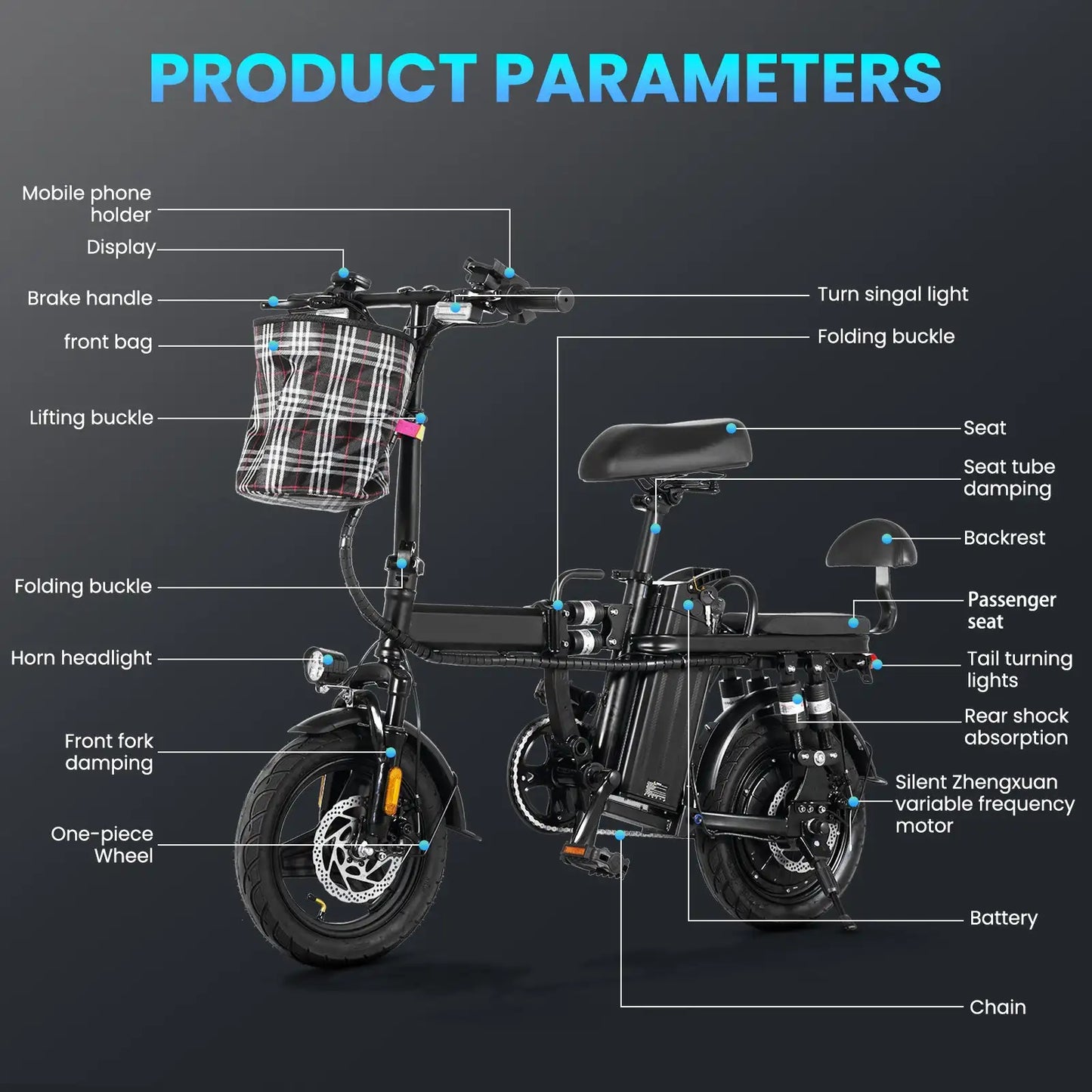 GLEERIDE 14" Mini Folding A9 Electric Bike 750W Peak Motor 48V 15Ah Battery