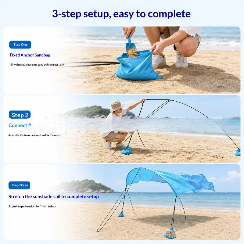 Tool-free Beach Sun Shade Sail Tear-resistant Fabric Sandbag Anchors UV Proof Beach Camping Casual Travelers