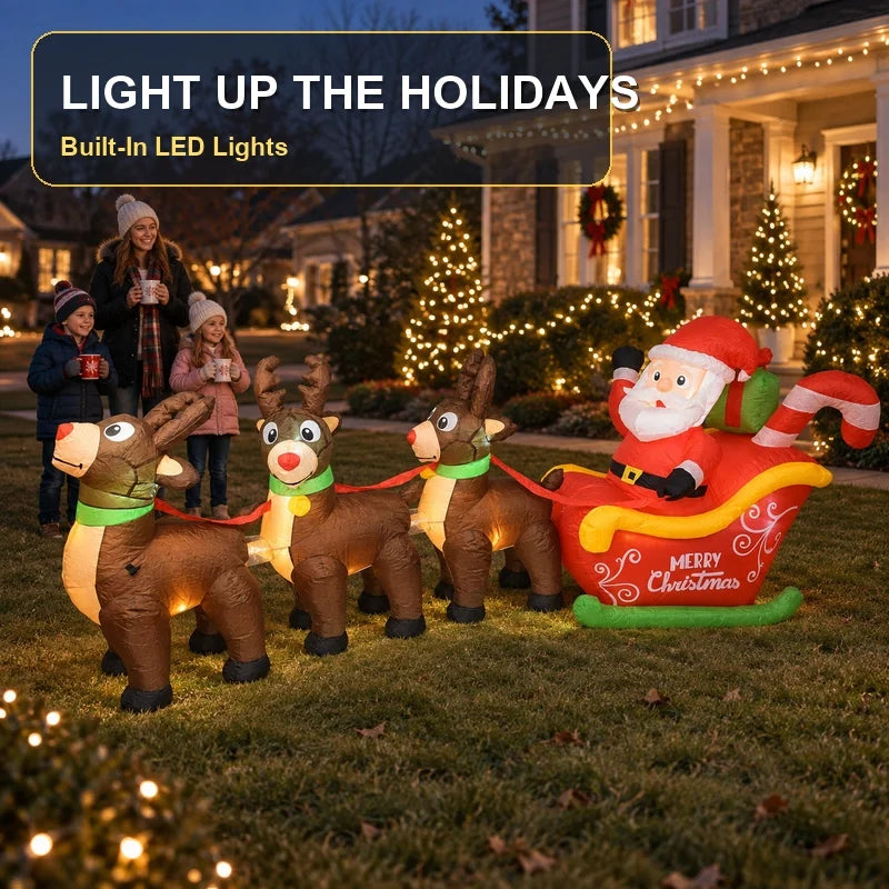 LED Inflatable Santa Sleigh with Three Reindeer Yard Decoration