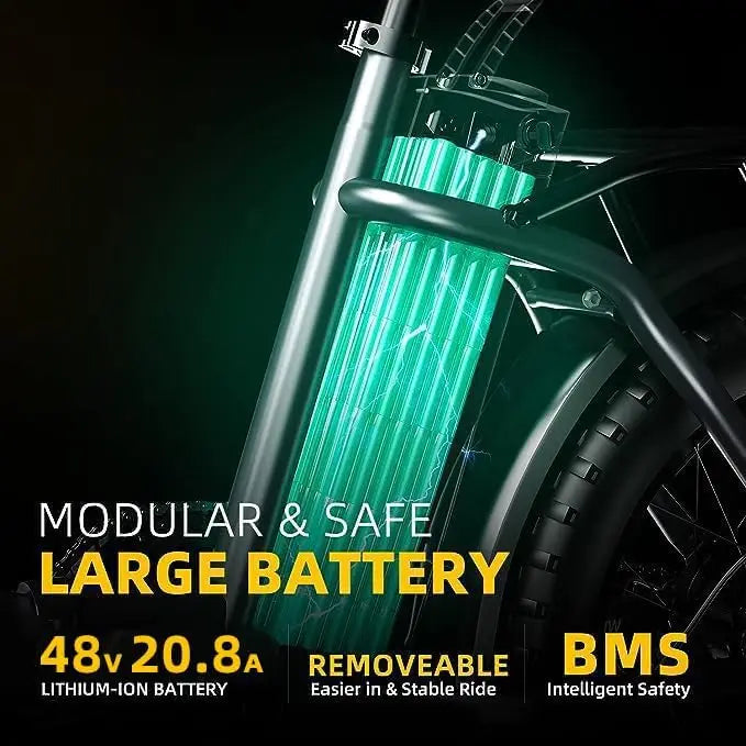 Cybervelo 1000W Electric Bike for Adults 48V 20.8Ah Large Removable Battery Foldable 20 Inch Fat Tire Urban Commuting Mars700