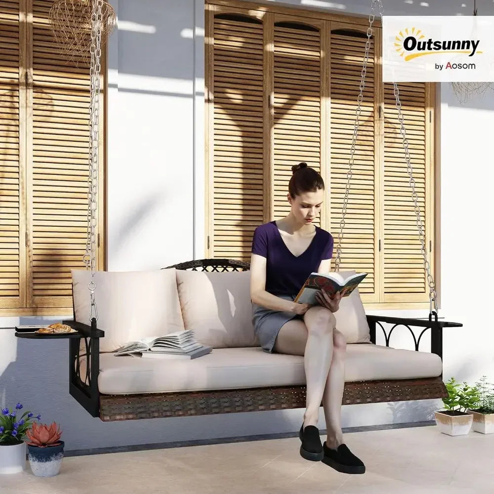 Durable Outdoor Rattan Porch Swing With Integrated Cup Holders