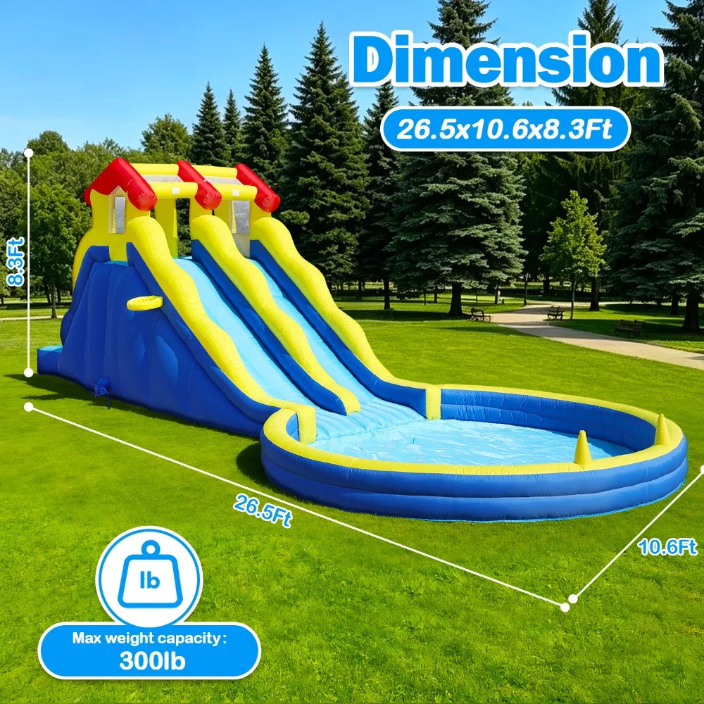 23FT Inflatable Double Lane Water Slide with Splash Pool & Water Sprayer, Heavy Duty Blow Up Backyard Water Park, Quick Inflation for Summer Outdoor Party