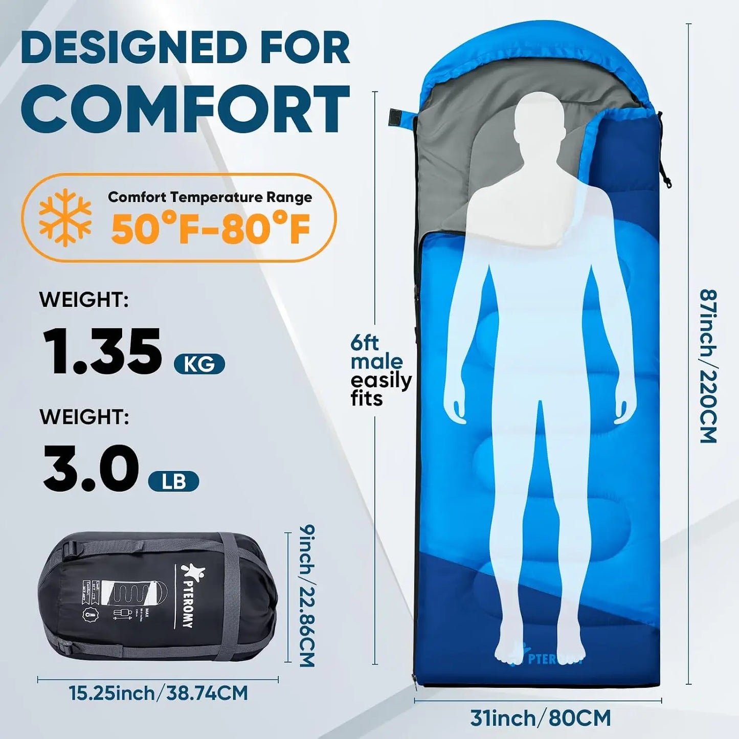 Lightweight Sleeping Bag for Adults, Machine Washable, Water Resistant for Camping Hiking Travel, 3-Season Use