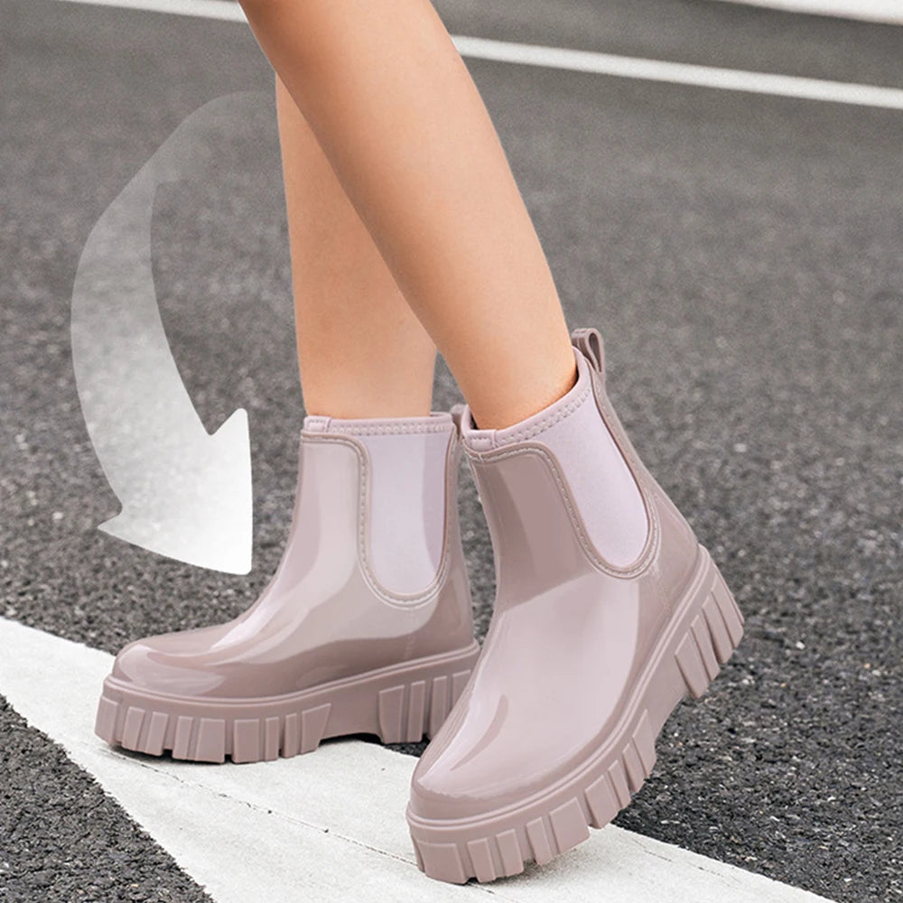 Women Waterproof PVC Rain Ankle Boots Anti Slip Thick Sole