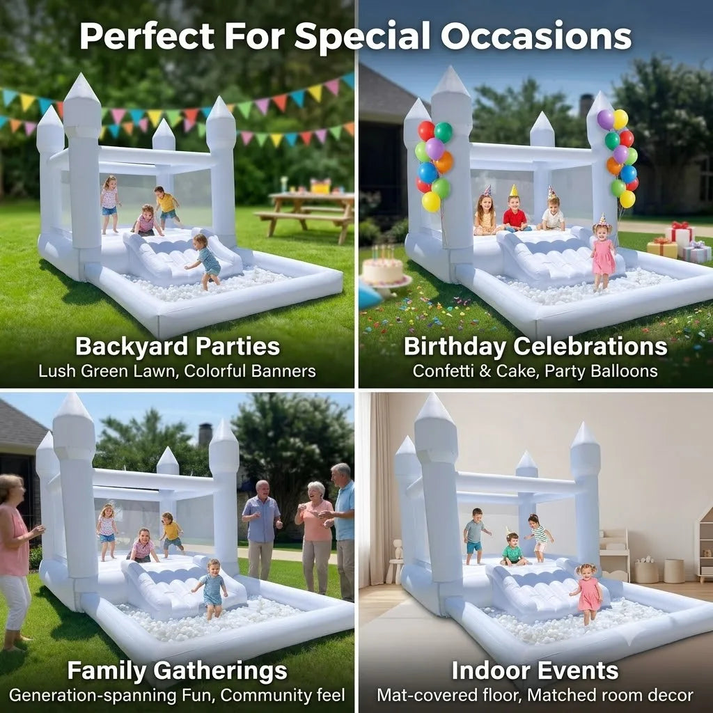 (Come with blower)13x8x8FT Inflatable White Bounce House with Slide & Ball Pit, Oxford Bouncy Castle Indoor and outdoor party use, Creates a Magical for Kids birthdays and Events