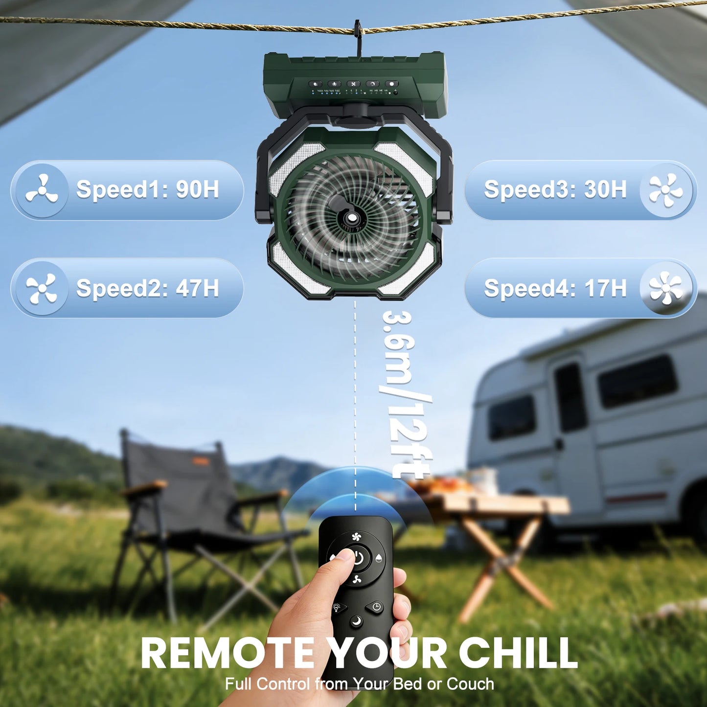 20000mAh Operated Mist Cooling Fan Portable Rechargeable Desk/Camping Fan with LED Light and Hook Outdoor Fan for Tent Car Trip