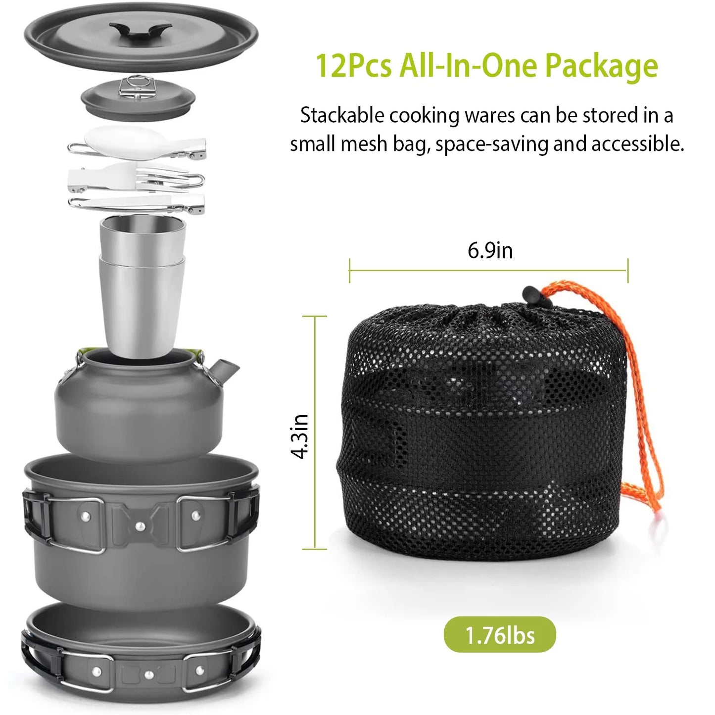 12Pcs Camping Cookware Set, Lightweight Hard Anodized Aluminum Pot Pan Kettle Kit with 304 Stainless Steel Foldable Cutlery & Cups, Heat Resistant Foldable Handles, Portable Storage Bags & Carabiner for Backpacking Hiking Pic