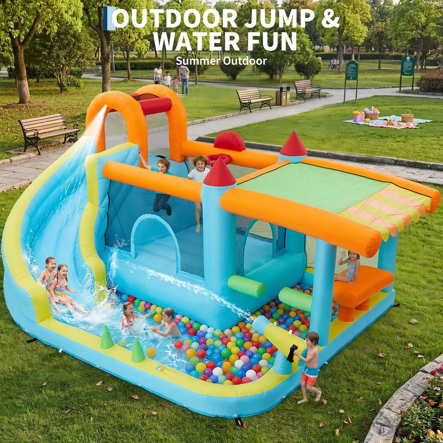 14FT Kids Bounce House With Slide & 450W Blower, 12-in-1 Inflatable Water Bouncer For Backyard Indoor Outdoor Party Castle Play
