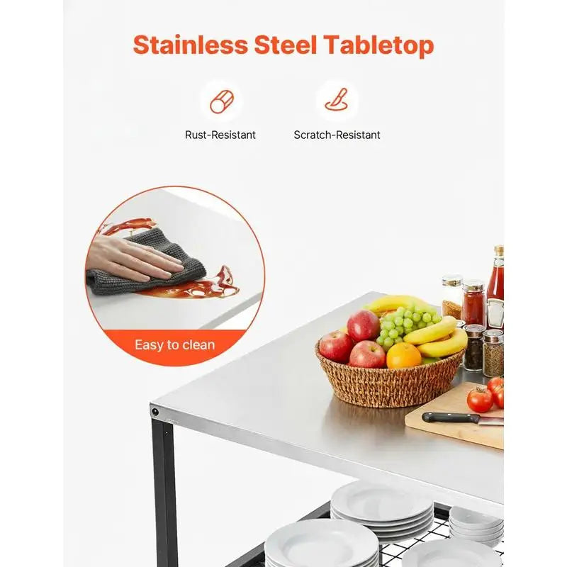 Outdoor Grill Cart, 31.5 X 24.0 Inch Stainless Steel Tabletop Size Grilling Table, Outdoor Cooking Table with 4 Wheels & Side Handle, Two Mesh Shelves, BBQ Prep Tables for Patio, Garden