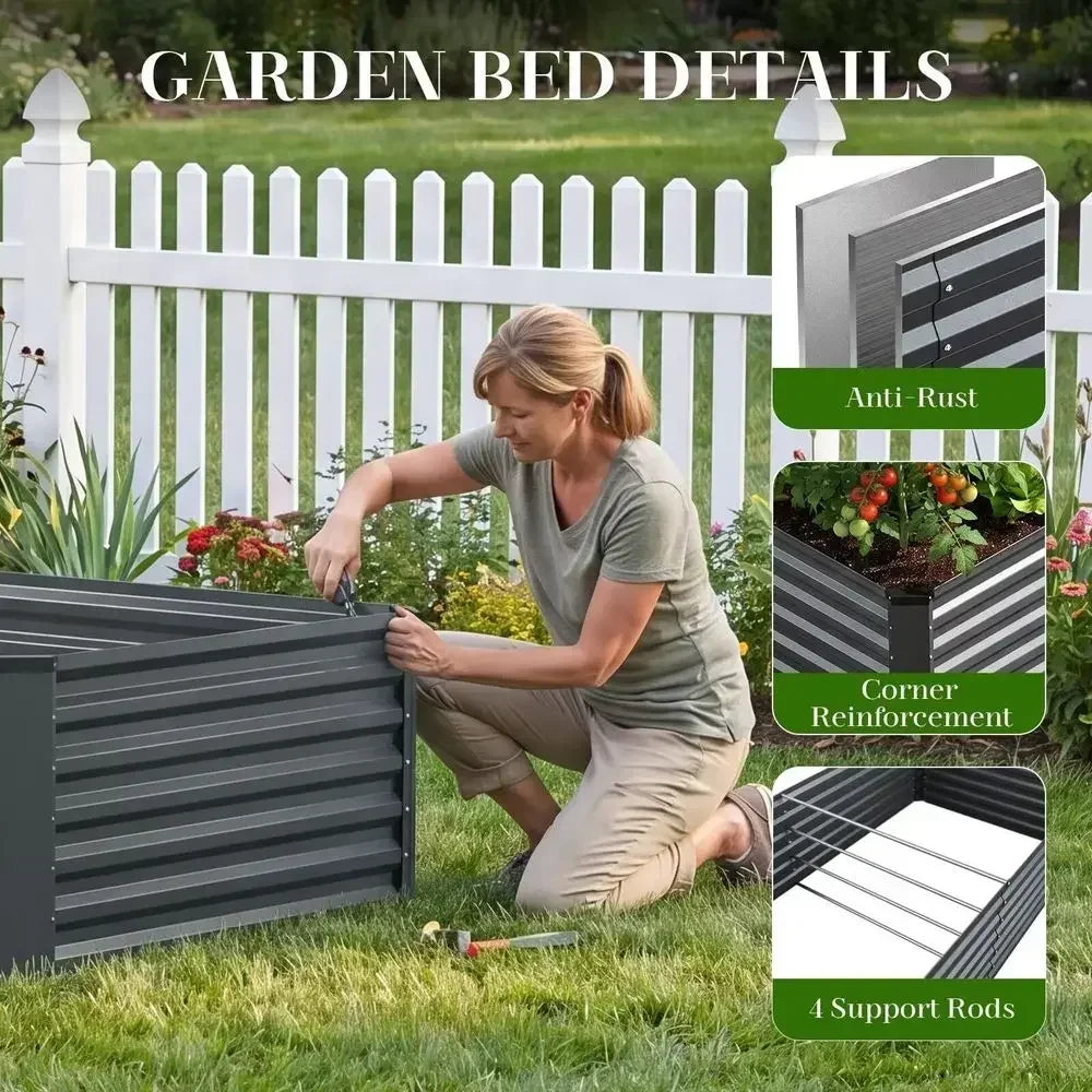 Galvanized Raised Garden Beds Outdoor Kit 2 Pack, Deep Root Metal Planter Boxes Patio with Glove, Ground NailampSupport Rod, Ou
