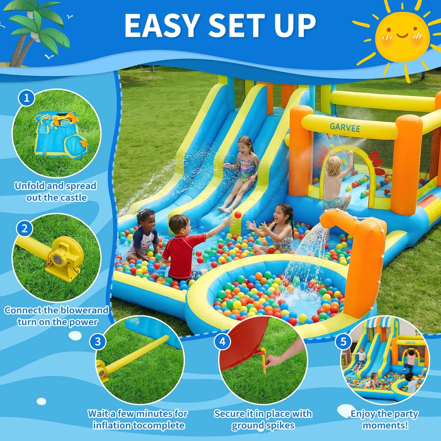16ft Inflatable Water Slide Park for Kids, Heavy Duty Blow Up Water Bounce House, Backyard Inflatable Water Play Center with 620W Blower, Water Hose Kit, Ground Stakes & Storage Bag