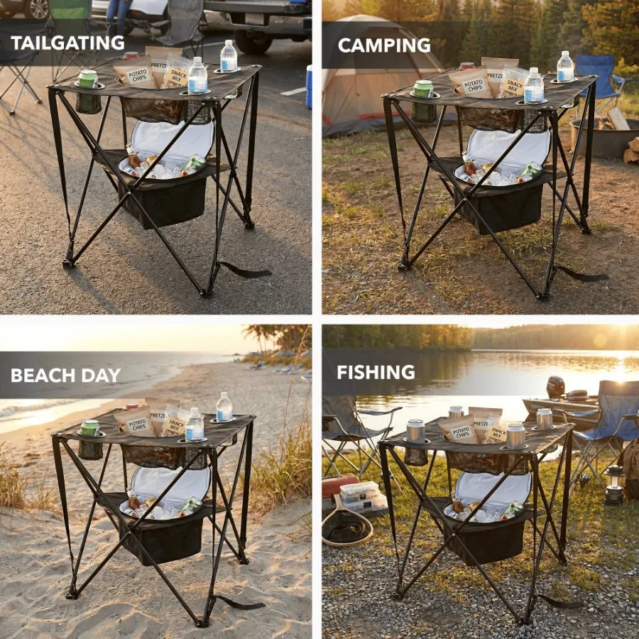Collapsible Folding Camping Table with Insulated Cooler 4 Cup Holders Food Basket and Travel Bag Portable Tailgating Table for
