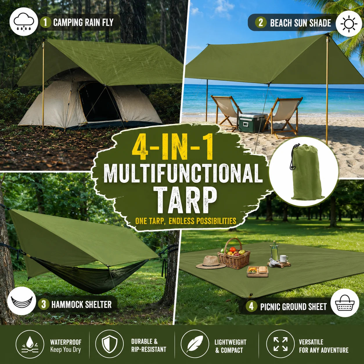 59x83" Outdoor Waterproof Tarp Camping Awning Backpacking Rain Shelter Tent Portable Sun Shade Canopy Ground Sheet for Hiking Picnic Beach Hammock Camp Gear Durable Lightweight Ripstop Cover with Grommets Ropes Storage Bag Ac