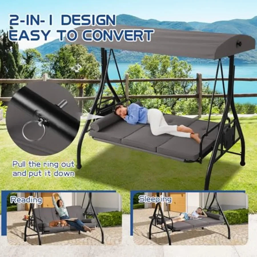 3-Seat Outdoor Porch Swing With Patio Stand And Convertible Bed