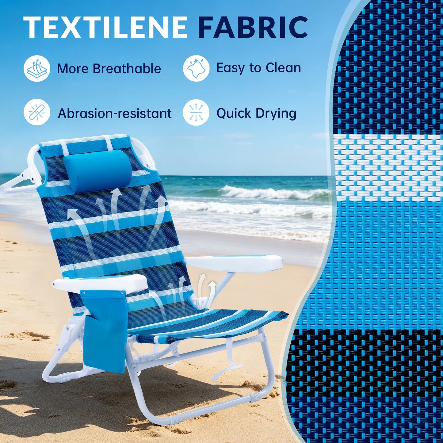 2-piece beach lounge chair folding chair, breathable Teslin fabric, outdoor camping, weighing 350 pounds, adjustable backrest, shoulder strap design for easy travel, headrest, side pockets, cup holder, insulation bag