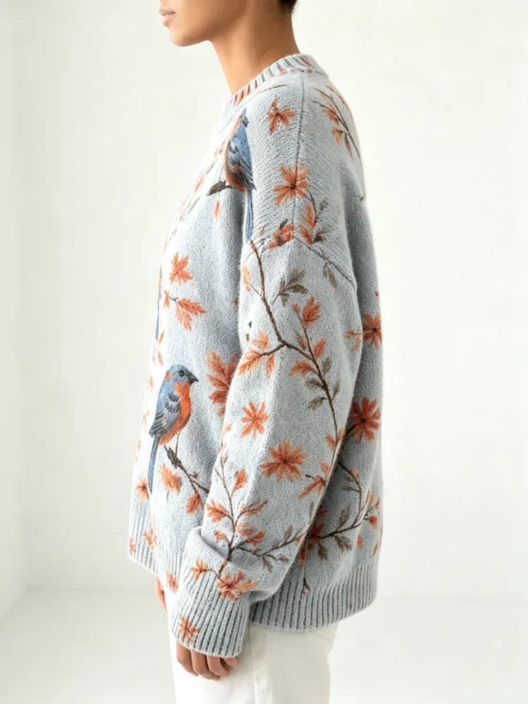 Women's Printed Knitted Pullover, Loose and Casual, Soft and Warm, Light Blue Retro Bird-Pattern Watercolor Leaf Design Round-Neck Long-Sleeved Daily Fall/Winter Layered Sweater