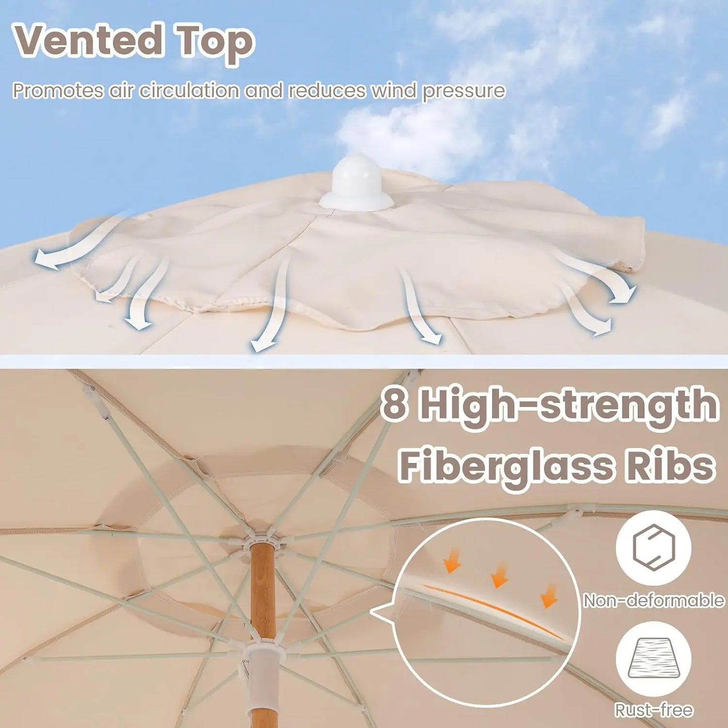 6 FT Patio Umbrella With Fringe, Tassel Outdoor Table Umbrella, Push Button Tilt System, Sturdy Wood Pole, UV Protection Canopy, Boho Backyard Garden Beach Pool Sunshade, Off White