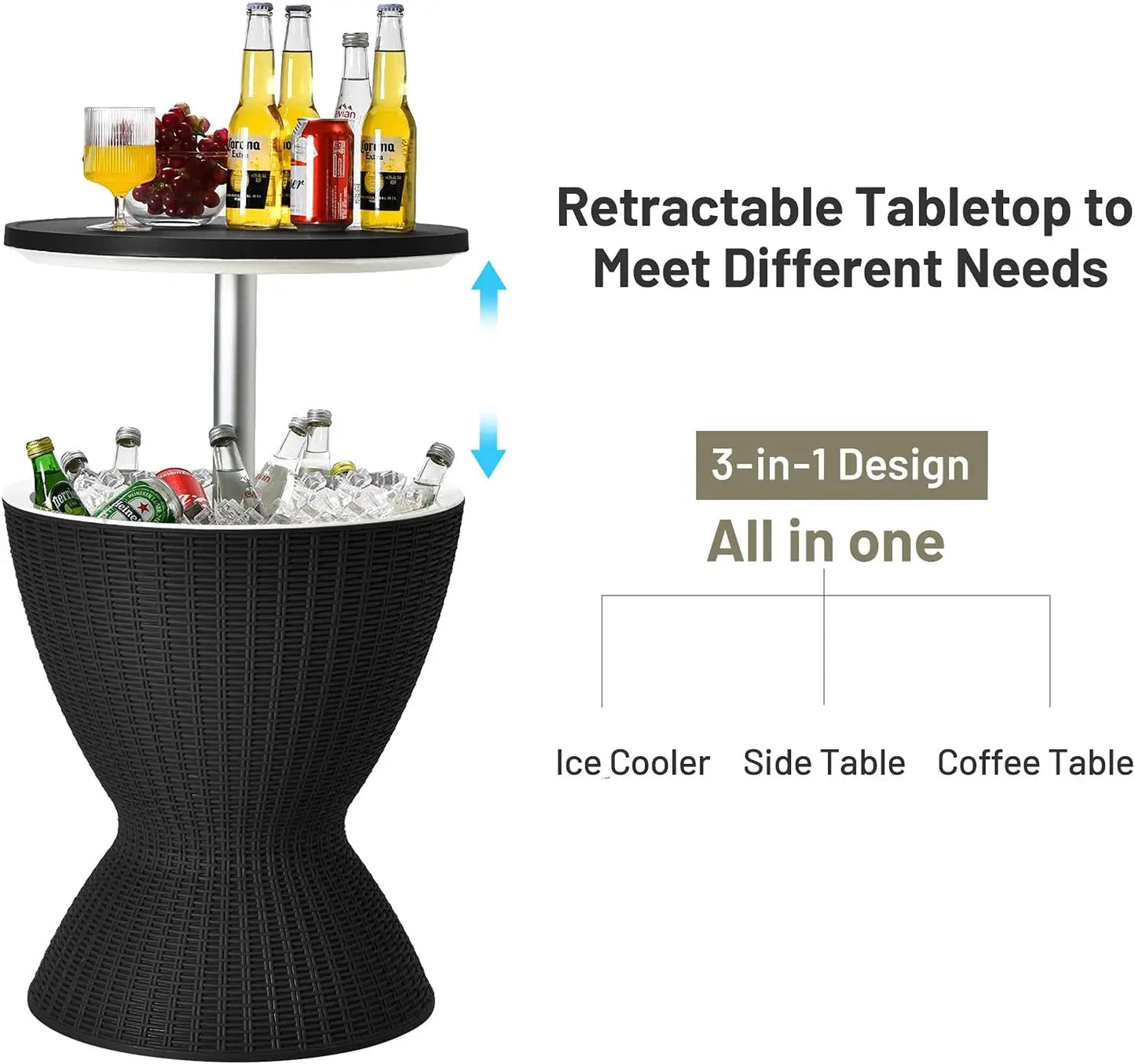 Outdoor Cooler Bar Table Multi Functional Adjustable Height Ice Bucket Side Table With Drain Plug 8 Gallon Patio Beverage Container Mimic Rattan Furniture For Pool Parties Backyard Picnic