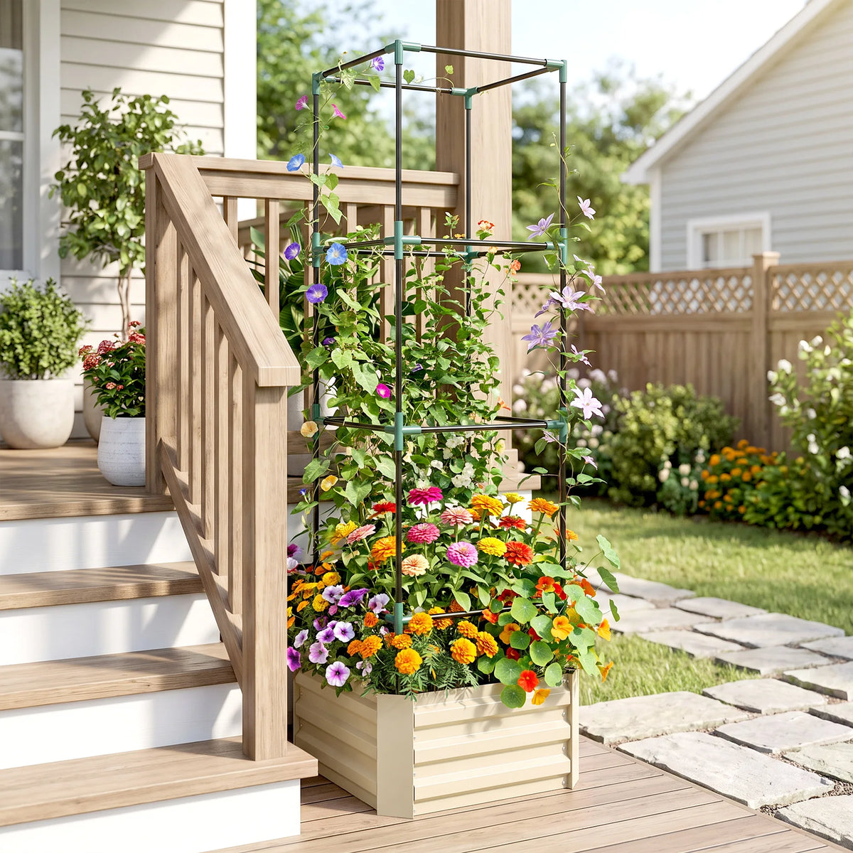Galvanized Raised Garden Bed with Tomato Cage, Open Bottom, Cream