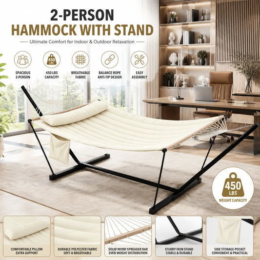Double Hammock With Stand for Two, 450 lb Pillow Included