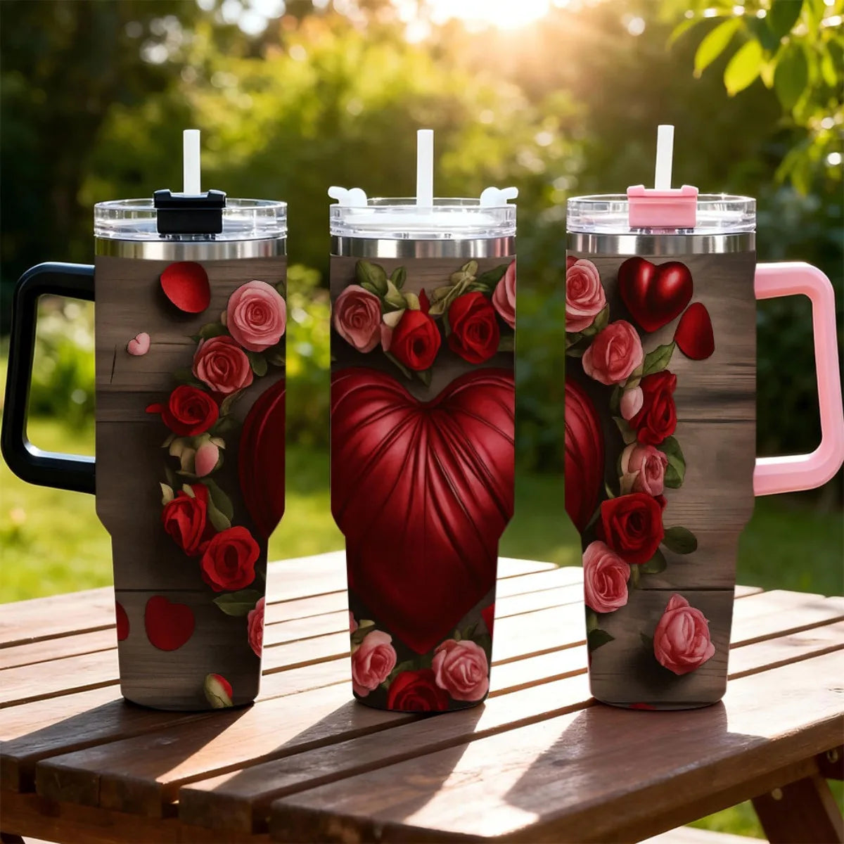 1pc 40oz Stainless Steel Tumbler with Straw - Heart & Rose Design Insulated for Hot & Cold Drinks Ideal for Mother's Day Outdoor Travel Car Cup Holder Compatible Car Beverage Holder Floral Tum