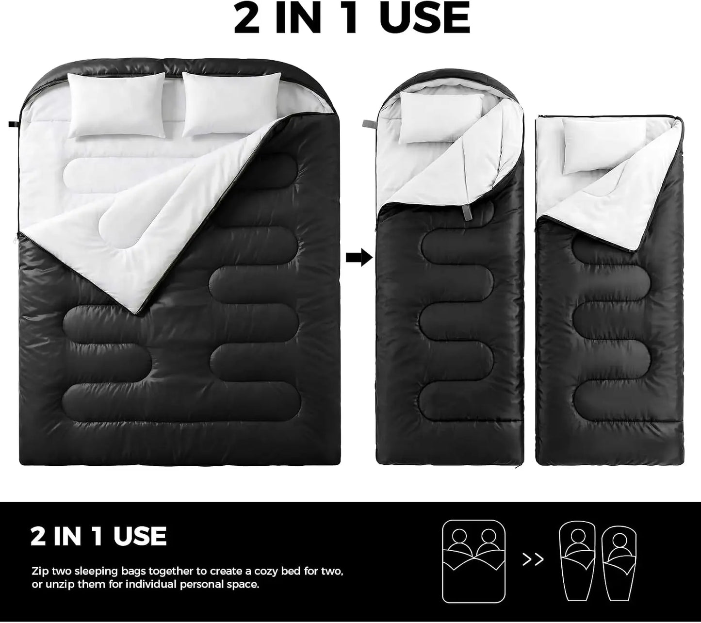 Queen Size 2 Person Lightweight 3 Season Double Sleeping Bag Built-In Pillow Full Zipper Design Warm Cold Weather For Camping Hiking Backpacking
