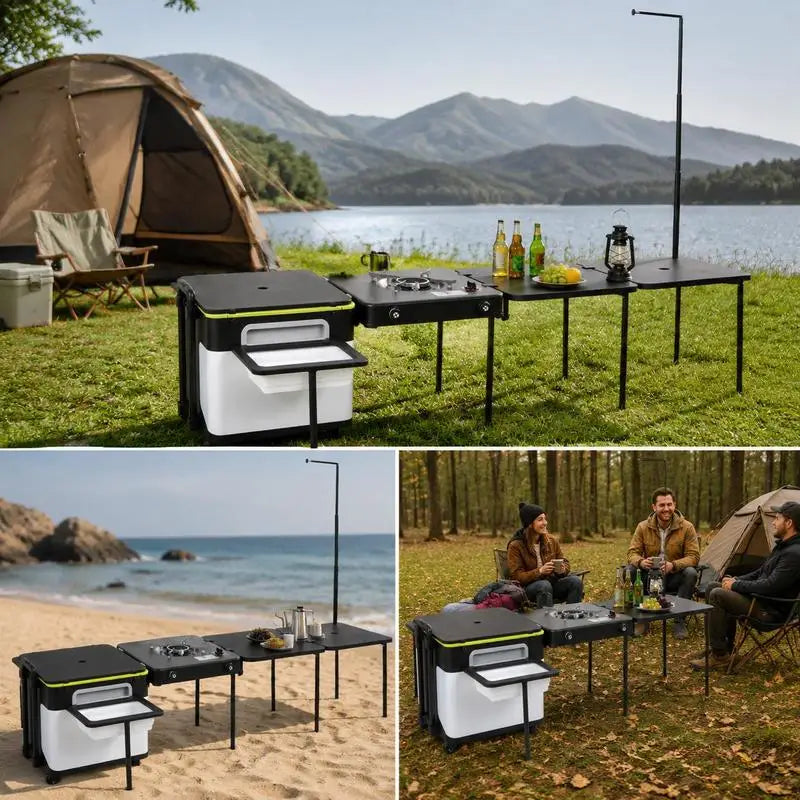 Portable Outdoor Mobile Kitchen With Wheels, Camping Box With Integrated Cooking Station, Folding Table And Storage Organizer, Steel Construction, Black, 65L Capacity, 18.5x17.7x20 Inch