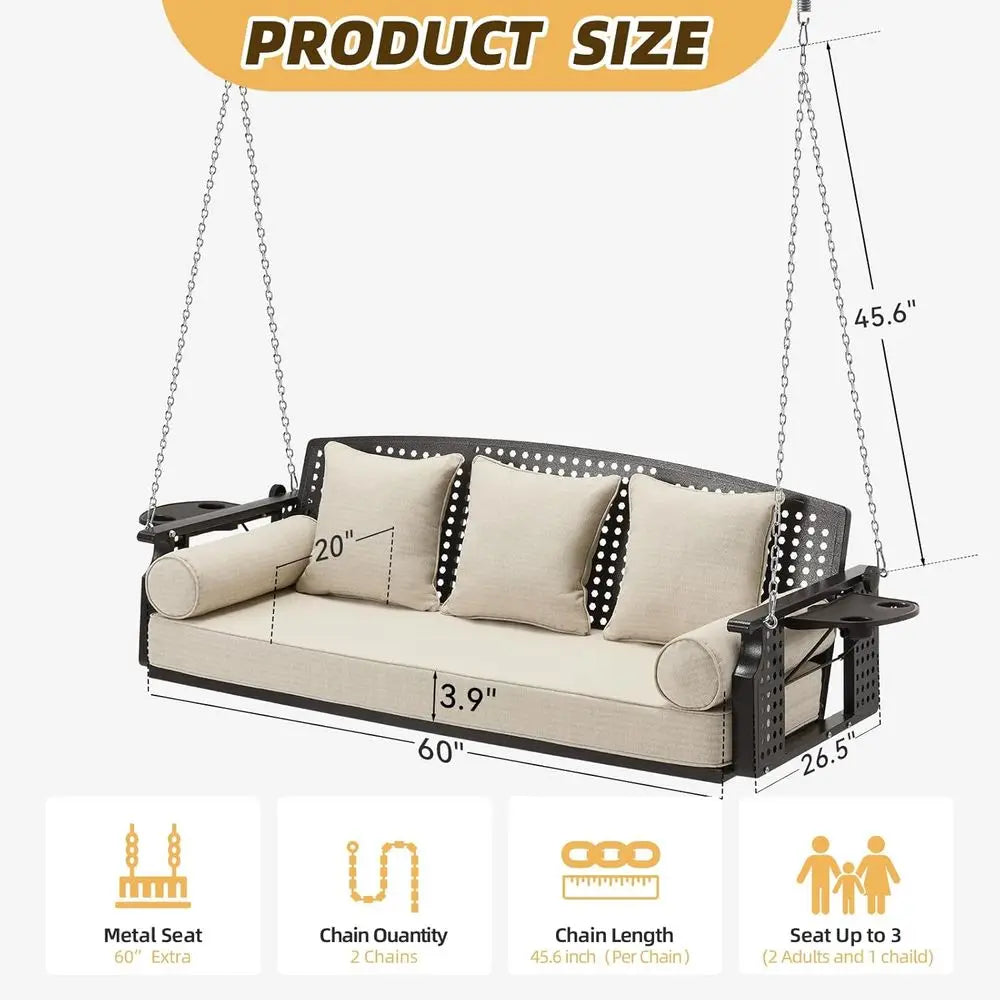3 Seat Hanging Porch Swing, Patio Swing Bench with Cup Holders & 3 Back Cushions, Swing Chair with Chains or Deck Garden Backyar